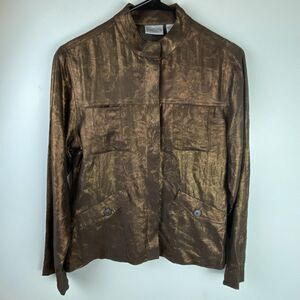 Chico's Womens Jacket Size 0 Small Bronze Metallic Silk Linen Leaf Print Jacket